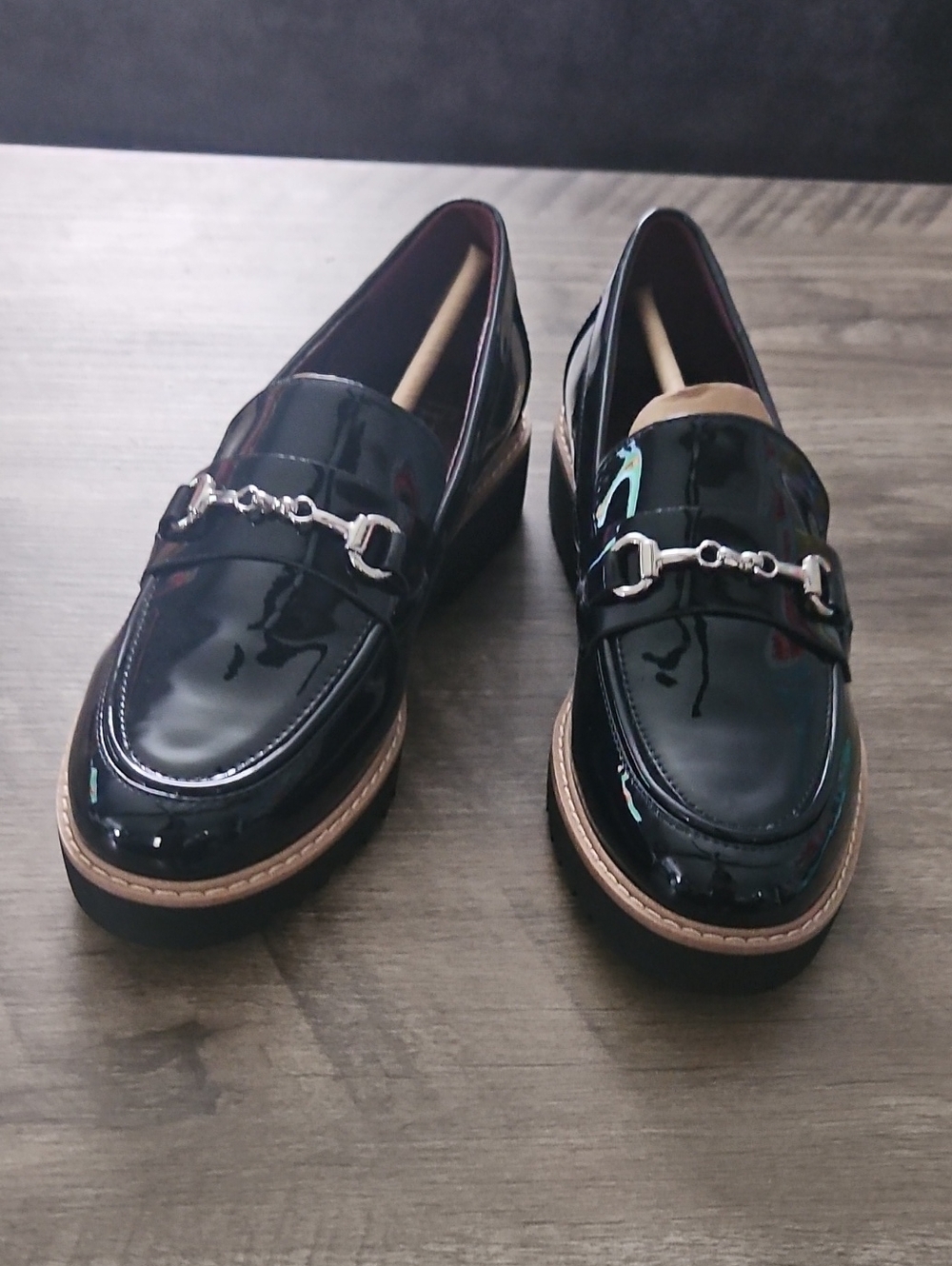 Franco Sarto Colette Inky Navy Patent Loafers with Silver Bit